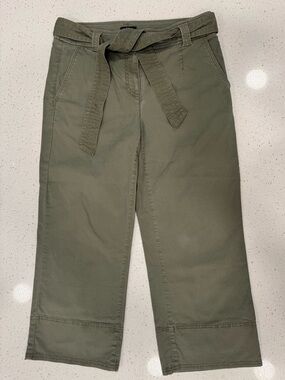 LOFT Petites Green Cropped Straight-Leg‎ Pants, Tie Waist, Pockets, Cotton Twill
